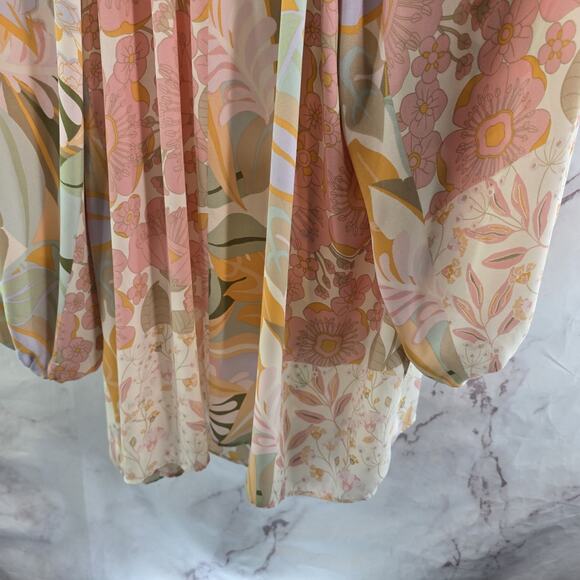 Rose + Olive Shirt Womens 1X Pink Gold Blouse Popover Retro Hippie Flower 70s - Picture 7 of 11